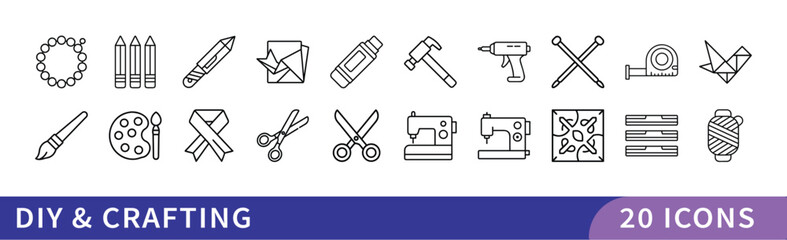 Set of 20 DIY & Crafting Icons, A collection of 20 icons representing DIY and crafting, featuring tools, materials, and crafting symbols for creative projects and home crafts.
