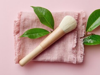 Natural Makeup Brush on Soft Pink Hemp Cloth with Green Leaves