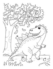 Dinosaur under apple tree in black and white illustration
