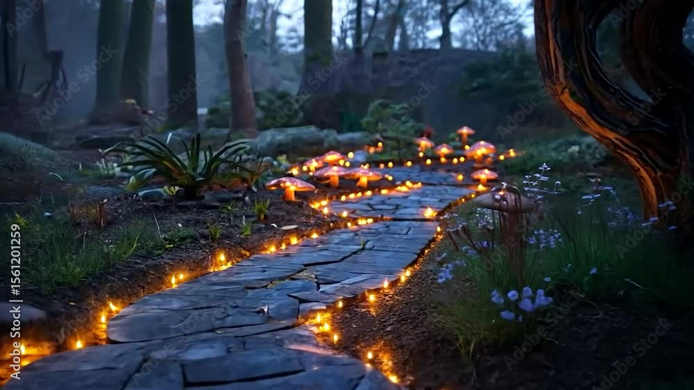 Poster pathway illuminated by warm lights through a mystical forest at dusk with mushrooms and trees. the t