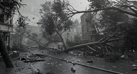 Fototapeta premium Dramatic black and white portrayal of a city street in complete disarray after a devastating hurricane, showcasing fallen trees and widespread ruin.
