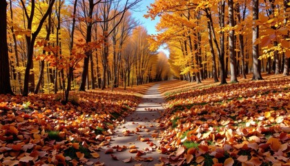 a beautiful autumn scene with a meandering trail through falling leaves covered in fallen leaves in shades of bronze and burgundy, amidst a golden forest, under a crystal blue sky.