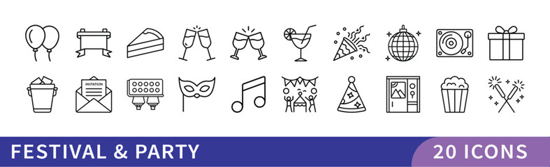 Festival and Party Icon Set, A collection of 20 icons representing festivals and parties, including balloons, gifts, confetti, and celebration symbols.
