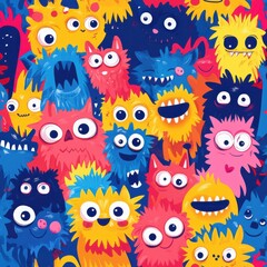 Naklejka premium Cute Colorful Furry Monsters in a Seamless Pattern Design