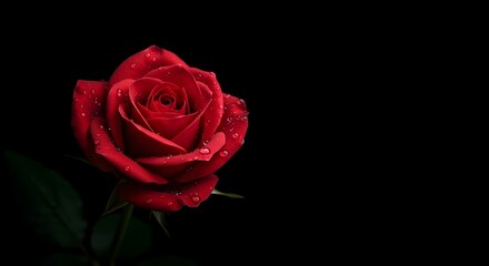 Fototapeta premium A beautiful single red rose with delicate water drops on its petals, blooming in dramatic lighting against a stark black background. Symbol of love.