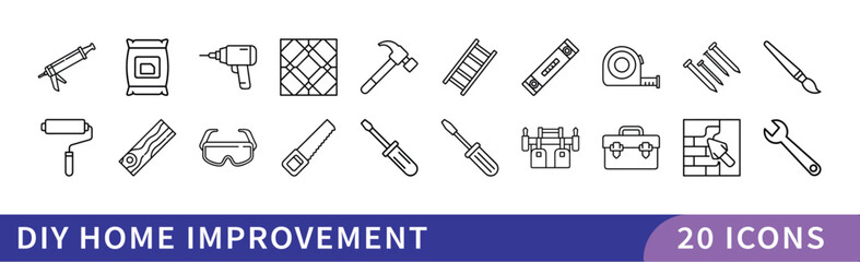 DIY Home Improvement Icon Set, A collection of 20 icons representing DIY home improvement, featuring tools, materials, and home repair essentials for personal projects.
