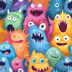 Obraz premium Colorful Cartoon Monsters in a Seamless Pattern for Fun Designs