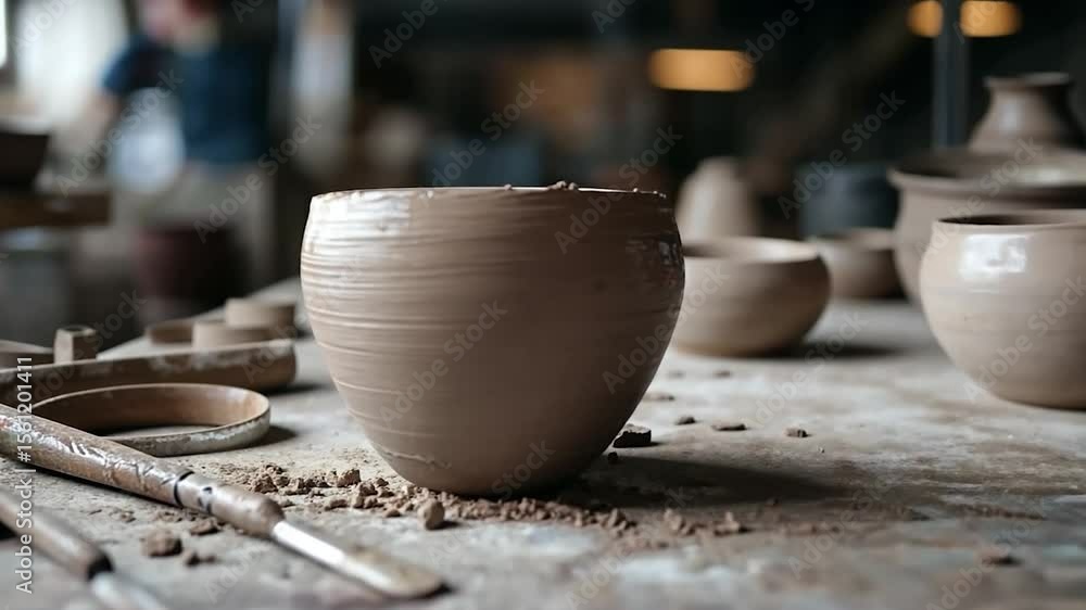Poster close up of a clay pot with other pottery items and tools on a wooden table in a workshop setting wi
