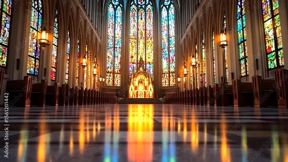 Poster interior view of a cathedral with stained glass windows rows of wooden pews and a reflective tiled f