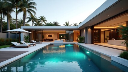 Luxurious modern pool house with patio furniture.