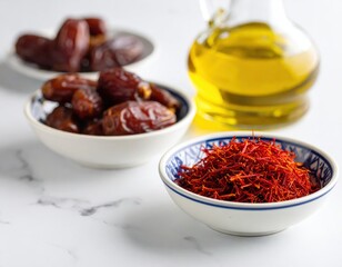 Obraz premium Aromatic Saffron Threads with Dates and Olive Oil on Stylish Table