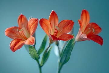 Three delicate orange lilies bloom gracefully in a peaceful studio environment. Soft lighting enhances their elegant beauty against a plain background.