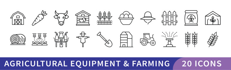 Agricultural Equipment and Farming Icon Set, A set of 20 icons representing agricultural equipment and farming, including crops, tools, livestock, and farming machinery.
