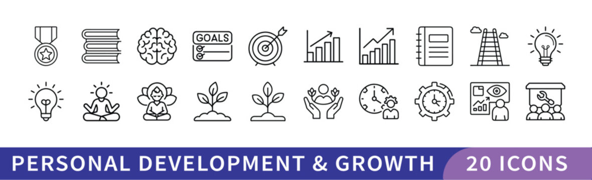 Personal Development and Growth Icon Set, A collection of 20 icons representing personal development and growth, including achievement, progress, goals, and self-improvement symbols.
