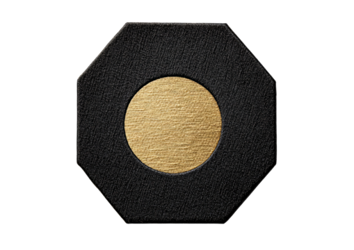 Hexagonal black coaster with centered gold metallic circle Isolated on a transparent background