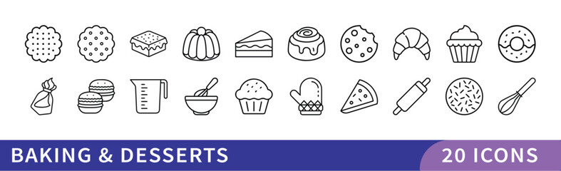 Baking and Desserts Icon Set, A collection of 20 icons representing baking and desserts, including cakes, cookies, measuring cups, and baking tools.
