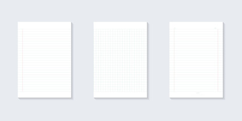 Set Blank white notepaper design. Hand drawn blue lined paper background collection