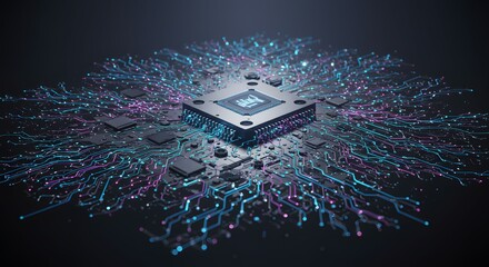 High-tech futuristic digital data processing and Artificial Intelligence core processor with glowing circuits on a dark background, symbolizing innovation and advanced technology