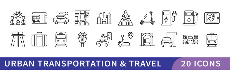 Urban Transportation and Travel Icon Set, A collection of 20 icons representing urban transportation and travel, including cars, buses, maps, public transport, and travel-related symbols.
