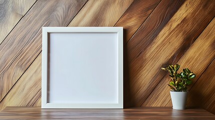 Square white frame on wooden surface with diagonal wood paneling and a small potted plant beside it