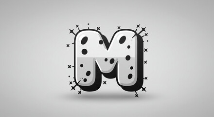 Stylized letter M in a monochrome comic book style. 3D alphabet initial with polka dots and sparkles for graphic design.