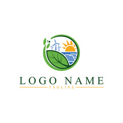 Green Energy Logo with Leaf, Windmills, and Solar Panels