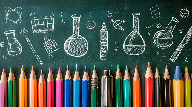 A green chalkboard with white chalk drawings of school supplies, such as pencils, rulers