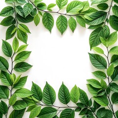 Naklejka premium “Fresh green leaves arranged in a square frame on a white background.”