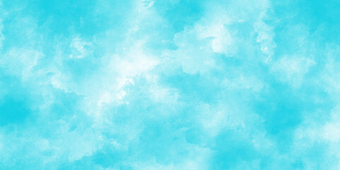 Watercolor cloudy sky background. Blue sky with white clouds. Hand painted splash stain backdrop. Artistic vector design element.