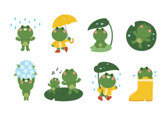 Collection of cheerful cartoon frogs enjoying rainy season. Flat cartoon style vector illustration isolated on white background