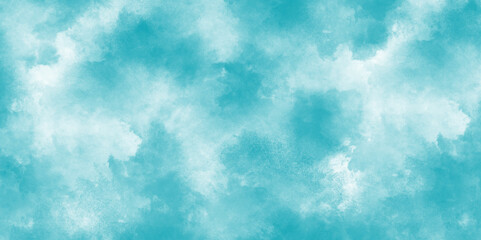 Watercolor cloudy sky background. Blue sky with white clouds. Hand painted splash stain backdrop. Artistic vector design element.