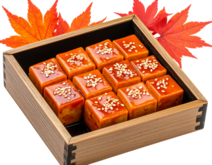 Close-Up of Glazed Orange Tofu Cubes in Rustic Wooden Box with Sesame Seeds