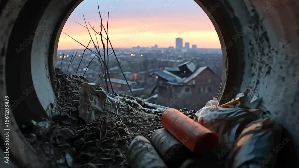 Poster view through a concrete tunnel at sunset with cityscape and trash in foreground offering a unique pe
