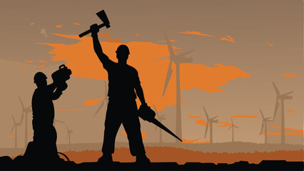 Obraz premium Silhouetted workers with tools and wind turbines against an orange and tan colored sky landscape view