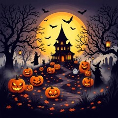 Halloween-themed illustration, high-resolution, includes classic spooky elements such as pumpkins with carved faces (jack-o'-lanterns), haunted house, flying bats, full moon, black cats, creepy trees