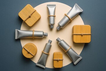 Obraz premium Eco friendly skincare tubes and bamboo boxes with natural rope ties on minimal geometric layout