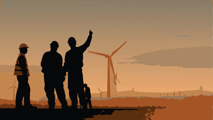 Silhouette of engineers at wind farm pointing with turbines in the background at sunset landscape view