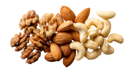 Photo of a highangle, closeup view of walnuts, almonds, and cashews, isolated on transparent background, casually arranged together
