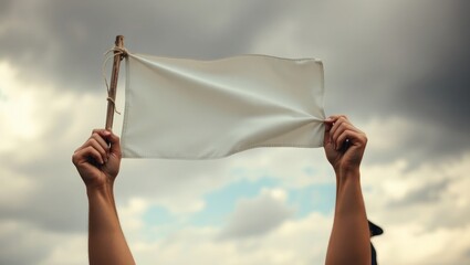 Hands holding a blank white flag aloft against a cloudy sky, symbolizing surrender or peace.