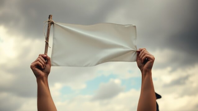 Hands holding a blank white flag aloft against a cloudy sky, symbolizing surrender or peace.