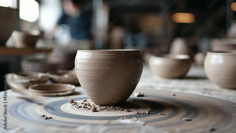 Poster close-up of a ceramic pot on a wooden table with various tools and blurred background depicting a wo