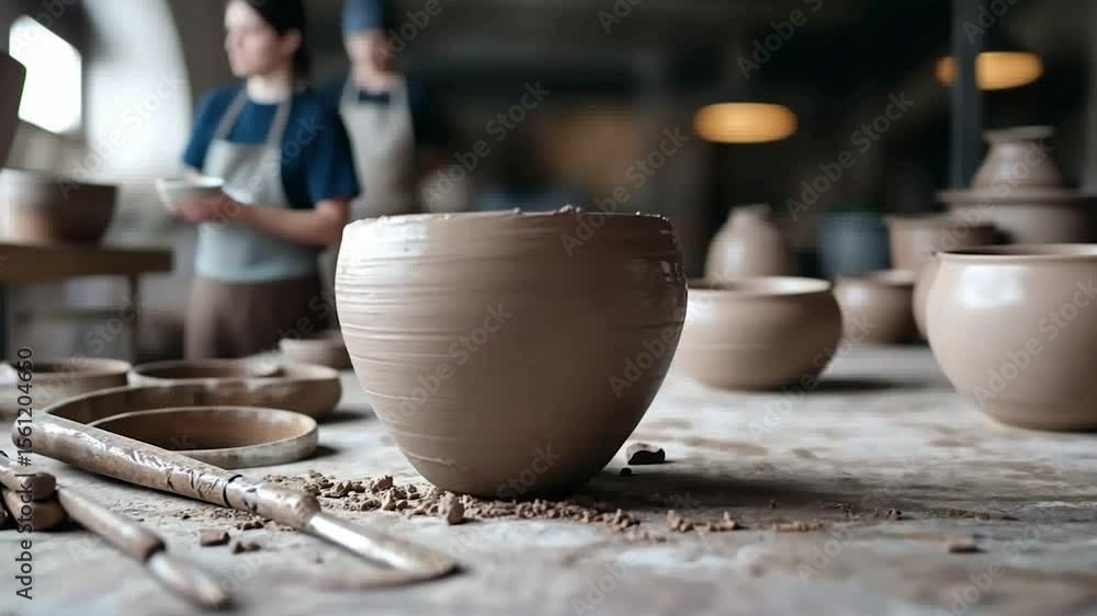 Poster close-up of a pottery bowl with visible texture and other bowls in the background on a wooden table.