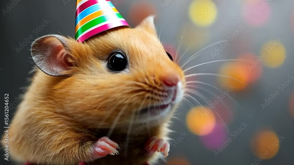Poster close-up of a hamster wearing a party hat against a blurred background of colorful bokeh lights. the