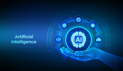 AI. Artificial Intelligence technology concept. Digital brain icon in wireframe hand. Neural network. Machine learning. Deep learning. Big data analysis. AI and virtual technology. Vector illustration