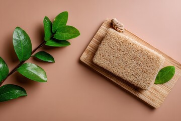 Natural Loofah Pad on Wooden Tile with Leaves and Brown Background