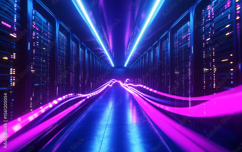 Aufkleber illuminated server room with glowing neon lights and data stream effect view