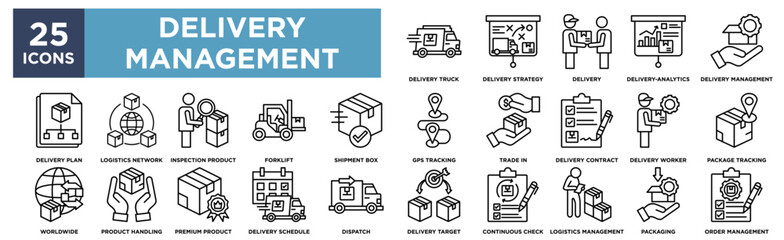 Delivery Management icon collection set. Containing design delivery truck, delivery strategy,delivery, order management, packaging 