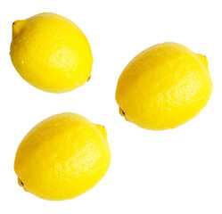 Top view set of three fresh ripe yellow lemon fruits isolated on white background with clipping path