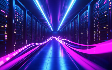 Illuminated server room with glowing neon lights and data stream effect view