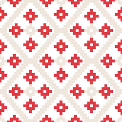Geometric pixel seamless pattern with red and beige cream kilim design. Cross stitch embroidery style. 